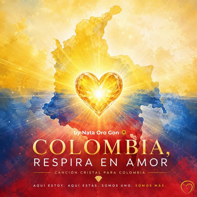 Portada de Colombia Respira en Amor: el mapa de Colombia en acuarela con un corazón de cristal dorado irradiando luz en el centro